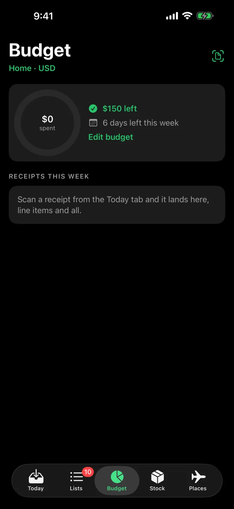 Budget tab with the weekly spend ring, $150 left and 6 days left this week, and receipts this week