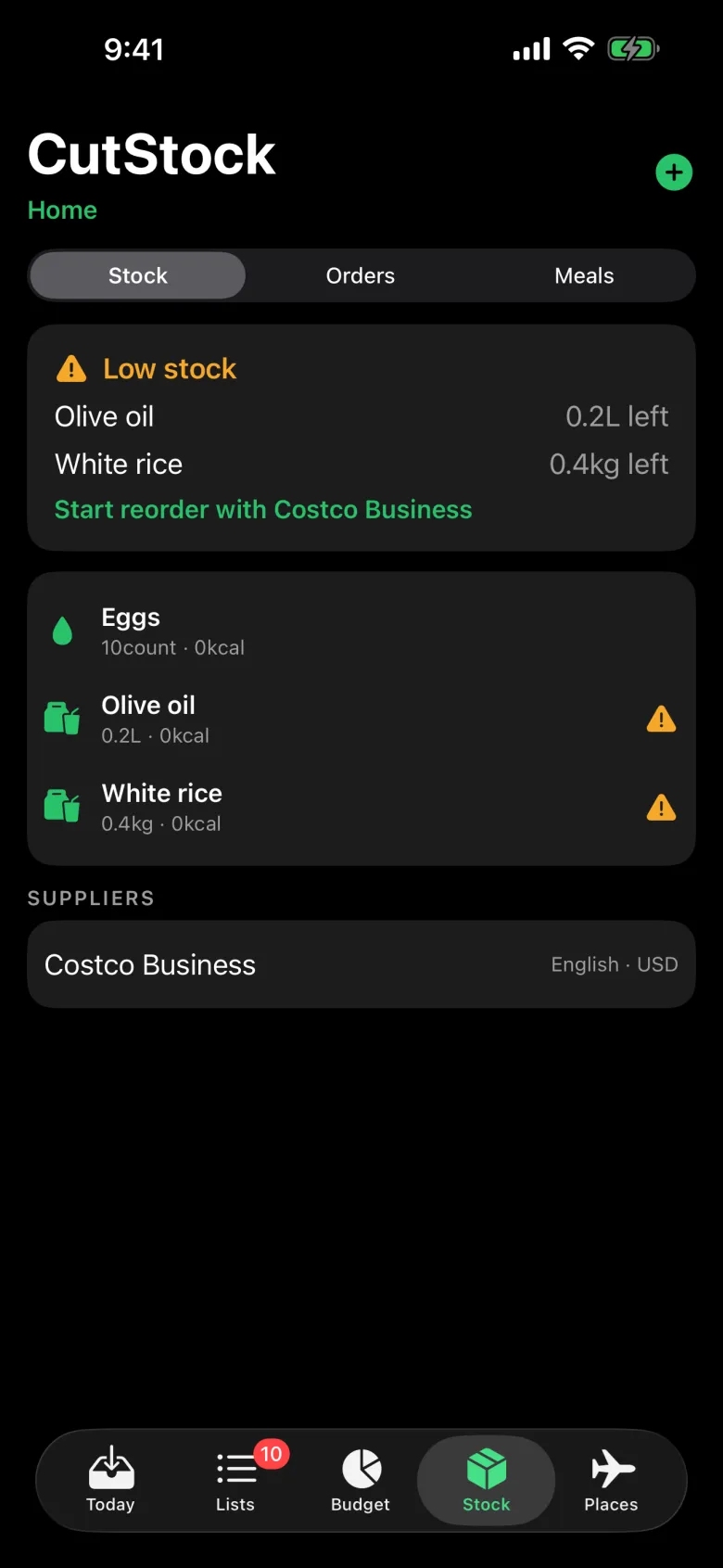 Stock tab showing low stock for olive oil and white rice, with a reorder from a supplier